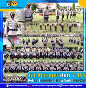 63 Personil dan 7 ASN Polres Lampung Utara Naik Pangkat