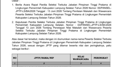 Pengumuman Hasil Uji Kompetensi Wawancara Selter JPTP Pemkab Lamsel 2026
